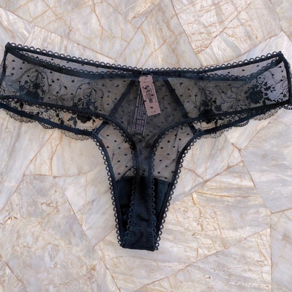 Victoria's Secret Very Sexy Sheer Lace Mesh Thong Panty Rose Black XL